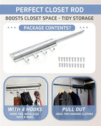 Aluminum Valet Rod, 12 in Heavy Duty Pull Out Closet Valet Rod with 4 Hooks, Adjustable Slide Out Closet Rod, Ideal for Hanging Clothes, Closet Accessories, Easy to Install (Silver)