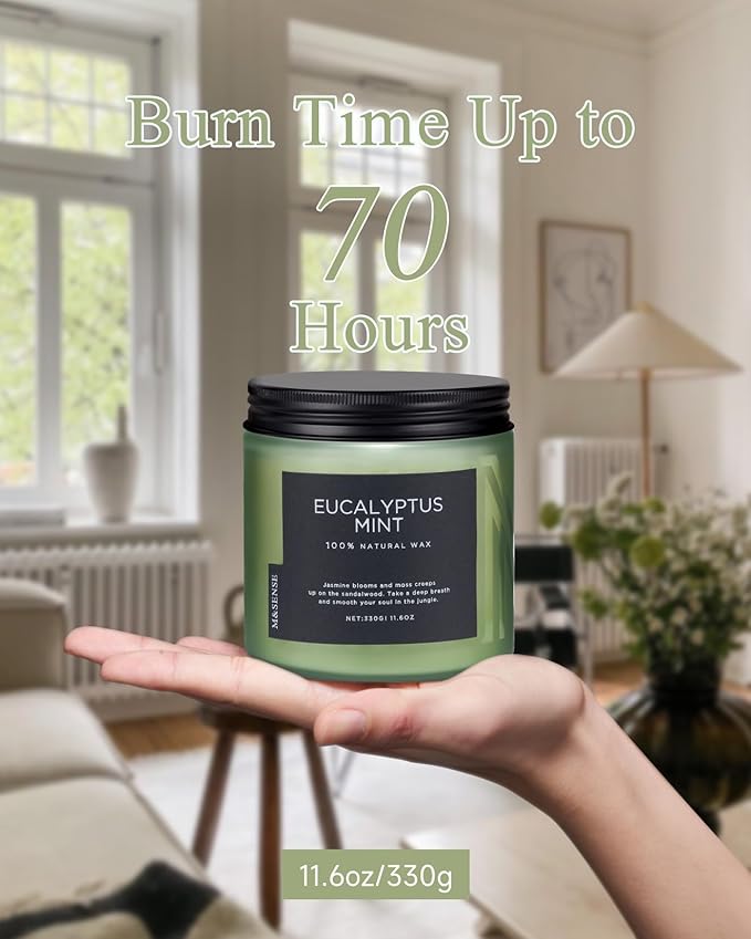 M&SENSE Eucalyptus & Mint Soy Candles for Home Scented, 11.6oz 70 Hour Burn Aromatherapy Candle Gift for Stress Relief, Meditation, Yoga, Relaxing SPA, Reusable Jar for Men and Women