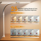 LED Desk Lamp for Home Office - Eye-Caring Computer Desk Light with Clamp, Adjustable Work Lamp with Color Changing, Dimmable Double Head Monitor Light with Gooseneck, White