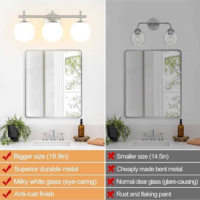 3-Light Bathroom Light Fixtures, Brushed Nickel Vanity Lights for Bathroom with Milky White Ball Shades, 18.9 inch Bathroom Lighting Fixtures Over Mirror, Wall Sconce for Bedroom (Bulb Not Included)