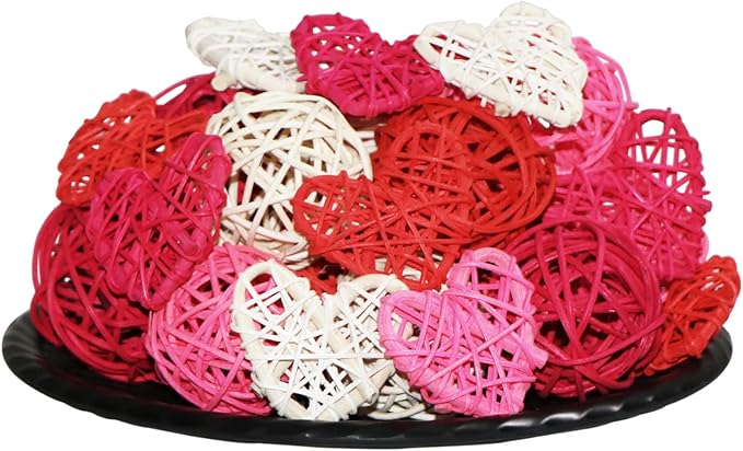 STMK 32 Pcs 2 Inch Valentine’s Day Heart Shaped & Round Rattan Balls Decorative, Wedding Wicker Balls Decorations for Valentine’s Day Decor DIY Vase Bowl Filler Wedding Decoration