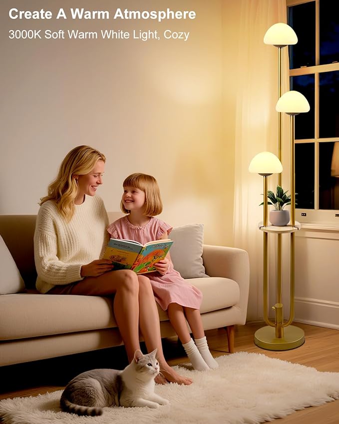 Gold Dimmable Floor Lamp with Table, Modern Floor Lamps for Living Room, 3000K Warm White Tall Standing Lamp with Mushroom Shades & Bulbs for Bedroom/Office