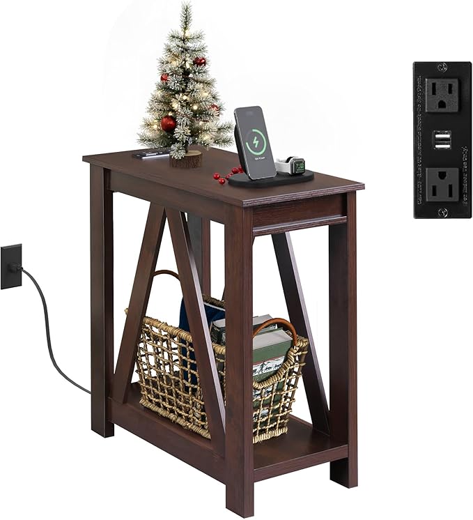 WLIVE Narrow End Table with Charging Station of Open Storage Shelf，Sofa Side Table with 2 USB Ports and 2 Power Outlets，Slim Farmhouse End Table for Small Spaces, 11.8" D x 23.6" W x 23.74" H