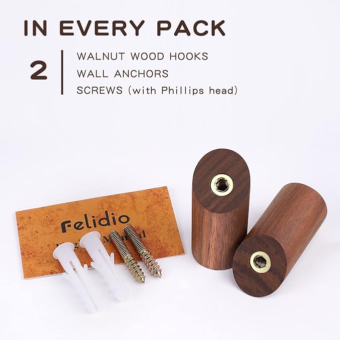 Wooden Wall Hooks, 2 Pack Coat Hooks Wall Mount, Natural Wood Hooks Coat Rack, Heavy Duty Hooks for Hanging Towels Entryway Coats Hat Rack for Wall (Walnut Wood)