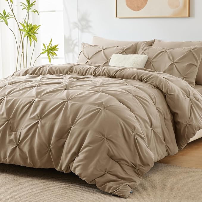 CozyLux King Size Comforter Set Taupe, 7 Pieces Pintuck Bed in A Bag Taupe Comforter King Size, Pinch Pleat Bedding Set with All Season Comforter, Sheets, Pillowcases & Shams