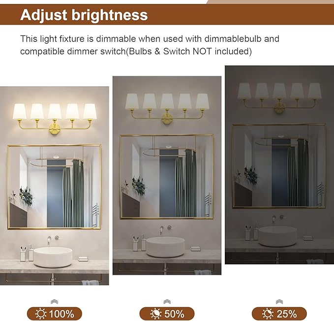Kvhilw Bathroom Vanity Light, Brushed Gold Bathroom Light Fixtures, 5-Light Lighting Fixtures Over Miror, Modern Wall Sconce with Flared White Fabric Shade, E26 Socket(ETL Listed)