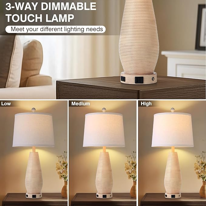 Farmhouse Table Lamps Set of 2 with USB C+A Ports and AC Outlet, 26.5" Cream Vintage Lamps for Bedroom Nightstand
