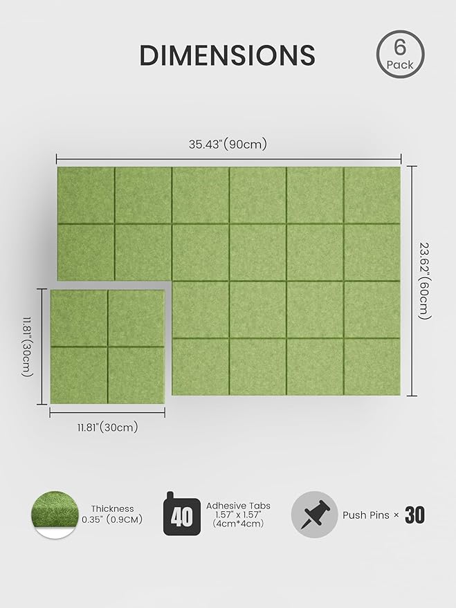 Bumusty Large Felt Bulletin Board, 36" x 24" Cork Board Alternative, 6-Pack Wall Tiles with 4-Compartment Design, 30 Push Pins, 40 Adhesive Tabs, Ideal for Office & Home Decor, Kelly Green