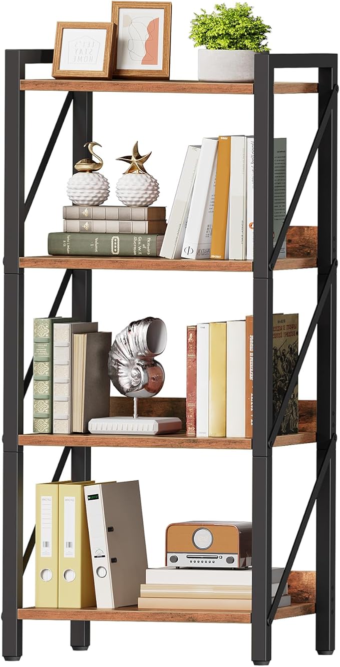 HOOBRO Bookshelf, 4-Tier Industrial Bookcase, Book Shelf Storage Organizer, Small Bookshelf with Metal Frame for Living Room, Bedroom, Home Office, Kitchen, Rustic Brown and Black BF40SJ01