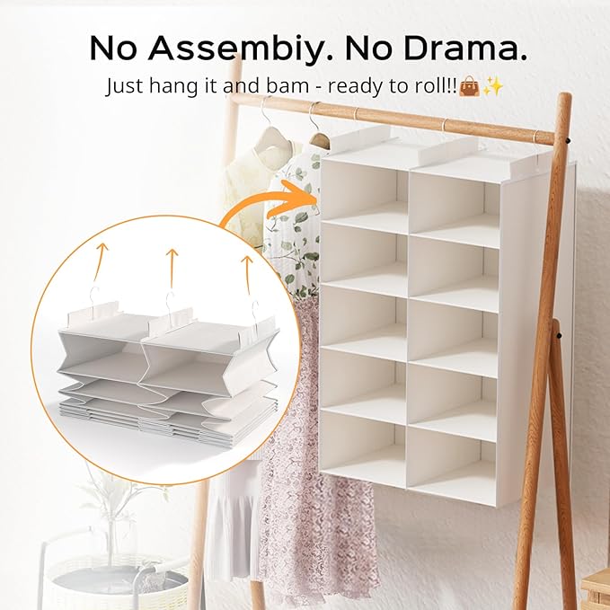 5 Shelves Hanging Closet Organizer - Foldable Dual-Row Hanging Clothes Storage with 3 Hooks, Space-Saving Closet Organizer and Storage for Sweater and Hats, Ideal for Dorms and Bedroom,White