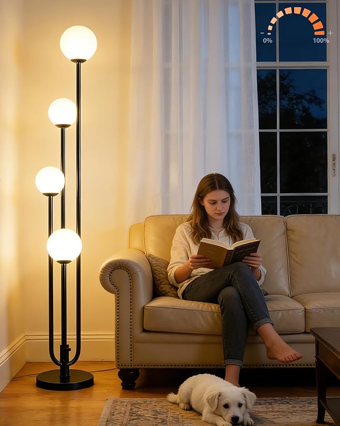 63IN 4-Light Dimmable Floor Lamp, Unique Black Tall Standing Lamps with Globe Shade &3000K G9 Bulbs for Reading, Mid Century Modern Floor Lamp for Living Room Bedroom Office