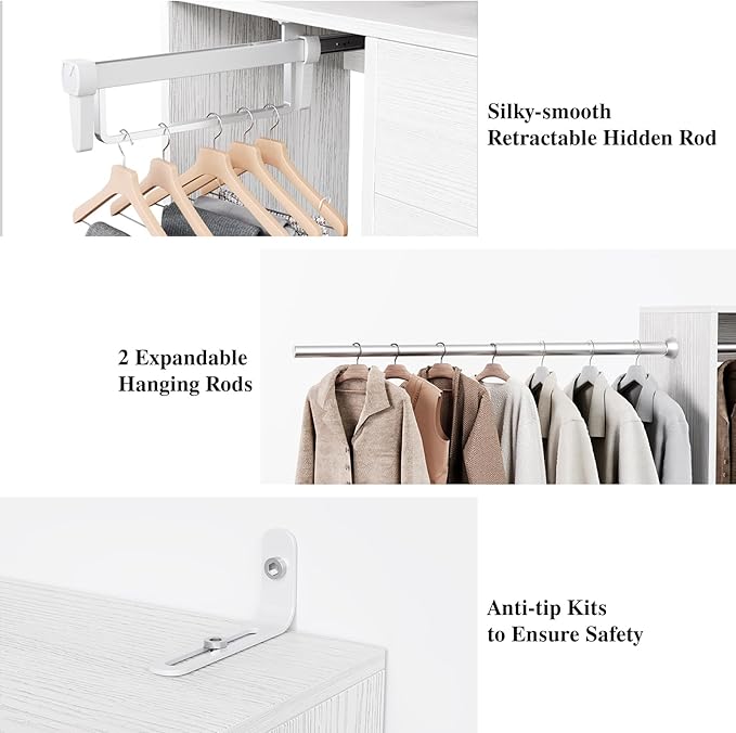 Flrrtenv Closet System, 6.8-9.8Ft Closet Organizer with 2 Wooden Drawers and Pull-out Pants Organizer Rod, Walk-in Wood Closet Organizer Wardrobe Clothes Rack with 3 Hanging Rods, White&Oak