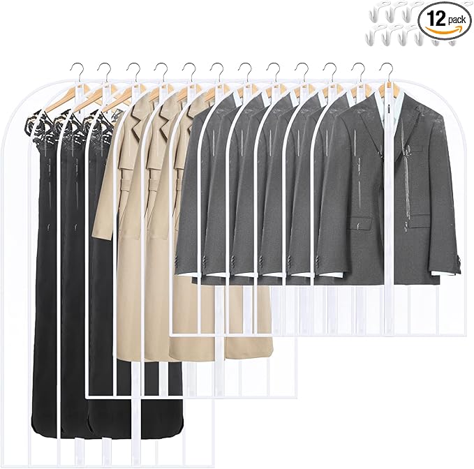 Garment Bags for Hanging Clothes, SMINDER Clear Plastic Bags Full Zipper PEVA Breathable Lightweight Garment Covers for Closet Storage, Suitable for Shirts, Jackets, Gowns (Mixed Set/12 Pack)