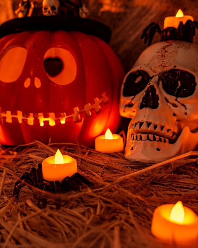 Halloween Flameless Candles, 12-Pack Orange Tea Lights Candles Battery Operated, LED Pumpkin Lights Flickering, Electric Fake Tealight Candles, 1.5'' D X 1.25'' H