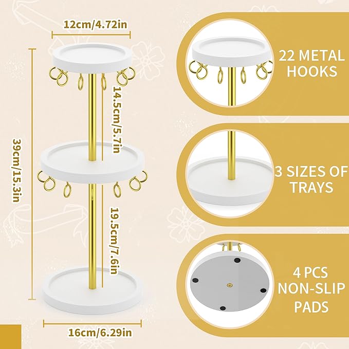 2 Tier Metal Claw Clip Organizer Holder for Women, Table Hair Clip Storage Holder with 22 Hooks and 3 Trays, Hair Accessories Organizer Display Stand for Dressing Table (White)
