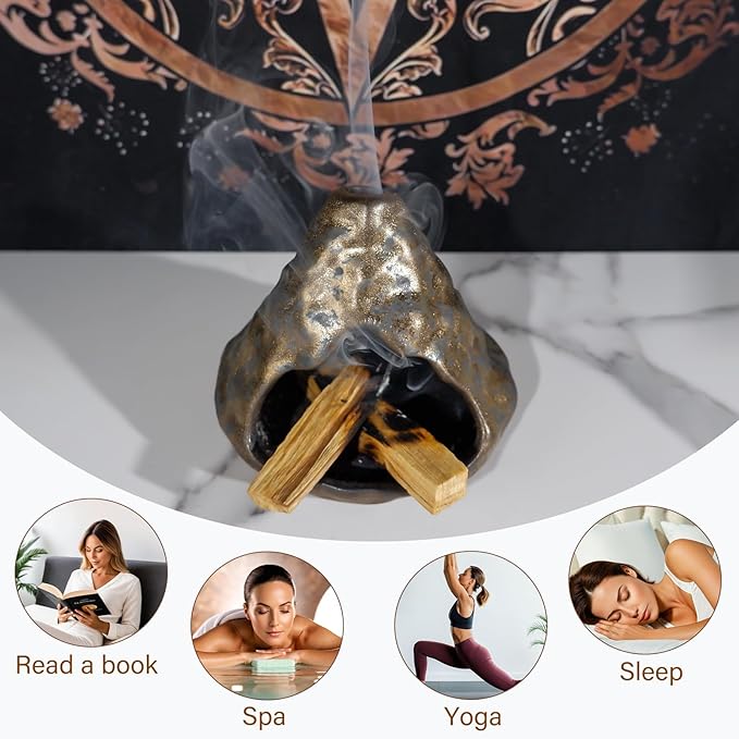 Black Gold Palo Santo Incense Burner-Unique Zongzi-Shaped Clay Smudge Bowl for Sage,Copal, and Stick Incense-Mini Chiminea for Zen Meditation,Yoga,Altar,Aromatherapy & Energy Cleansing Decor