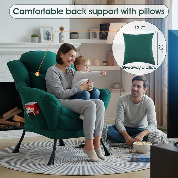 Lazy Chair for Living Room, Large Dark Green Lounge Accent Chair with a Throw Pillow, Leisure Sofa Chair Set, Comfy Reading Chair for Bedroom, Dorm Room, Office