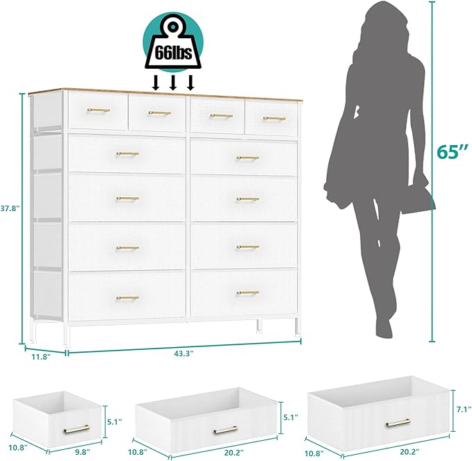 White Dresser for Bedroom with 12 Deep Drawers, Wide Chest of Drawers, 55" TV Stand with Retro Wood Top, Tall Fabric Dresser for Closet, Nursery