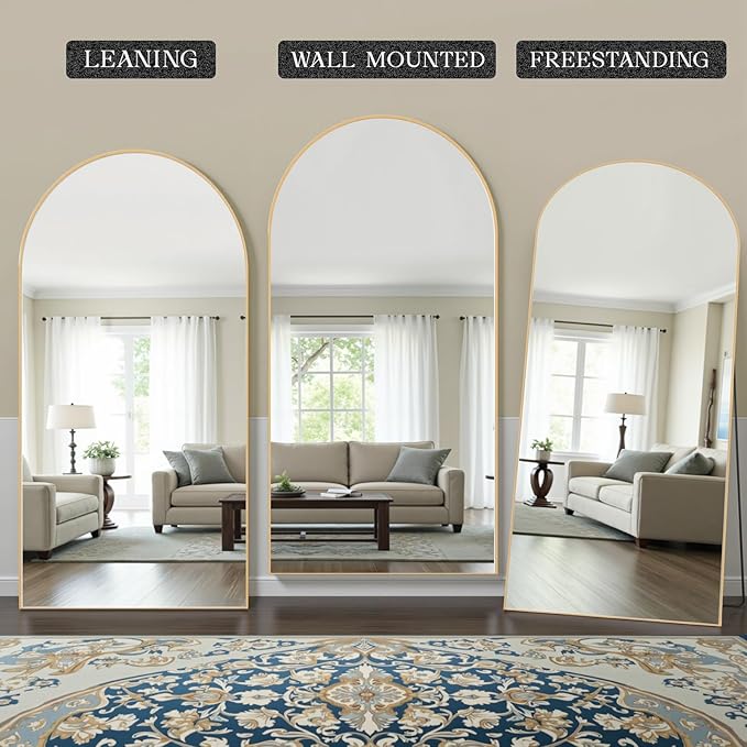 MISSDAY Oversized Arched Full Length Mirror, 83"x44" Gold Full Body Mirror with Stand, Floor Mirror Large Free Standing, Leaning or Hanging, Aluminum Frame Mounted Mirrors Wall Mirrors for Bedroom