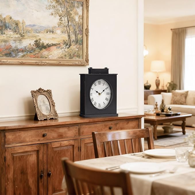 MODE HOME Vintage Mantel Clock, Large Rustic Distressed Metal Table Clock with Handle, Silent Non-Ticking Quartz Movement, Antique Brown Fireplace Shelf Desk Clock for Living Room Bedroom Office