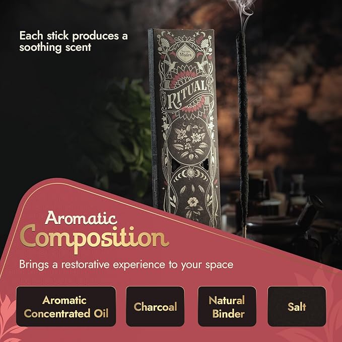 Ritual - Cocoa Incense Sticks, Centering and Calming Aroma, 6 Sticks, 9 Inches Each, Natural Incense with Aromatic Concentrated Oil, Charcoal, Natural Binder & Salt - 1 Hour Burn Time