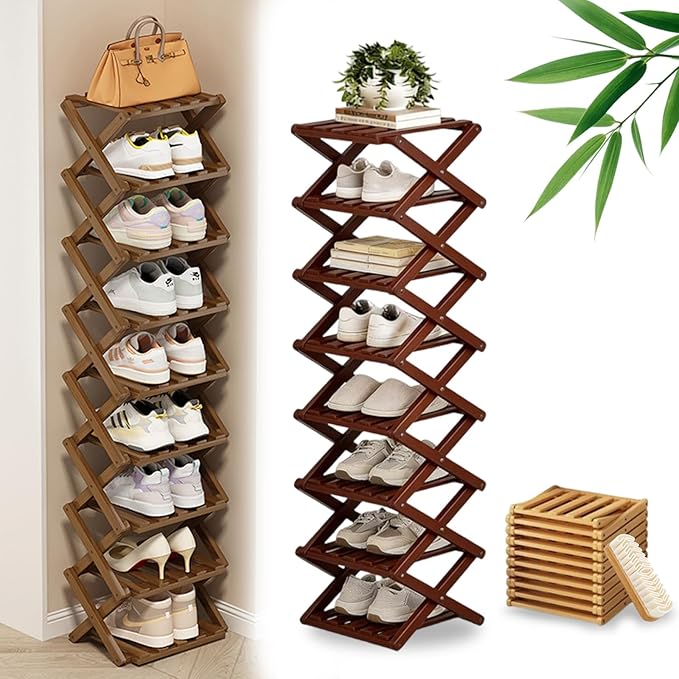 DDRIC 9-Tier No-Assembly Bamboo Rack, 2026 Upgraded Foldable Corner Shoe Rack, Space-Saving Organizer for Shoes, No-Tool Narrow Shelf for Entryway Closet Dorm (Brown,8-Tier)