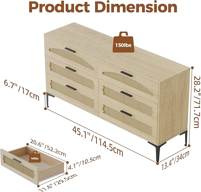Mericonia 6 Drawer Double Dresser for Bedroom, Wood Rattan Dresser for Closet with Metal Legs, Boho TV Stand with Drawers, Dressers & Chests of Drawers for Bedroom, Hallway and Entryway, Oak