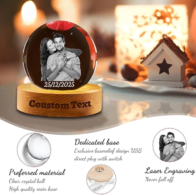 Personalized Photo Crystal Ball Engravable Text Picture Snow Globe Customized Crystal Frame Gifts for Family Couples Friends on Birthday Anniversary Halloween Thanksgiving Day