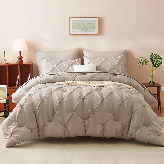 CozyLux King Size Comforter Set Wheat, 7 Pieces Pintuck Bed in A Bag Wheat Comforter King Size, Pinch Pleat Bedding Set with All Season Comforter, Sheets, Pillowcases & Shams