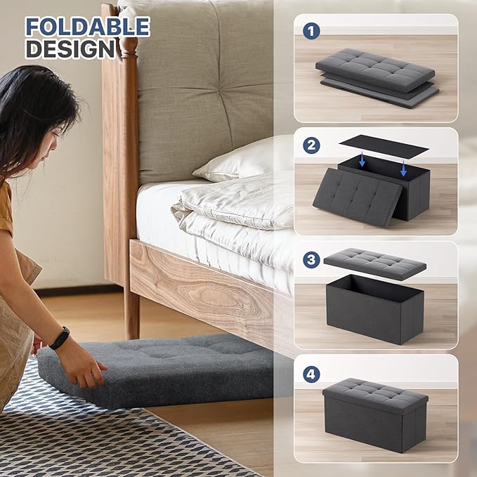 MoNiBloom 30 Inches Storage Ottoman Bench, Rectangle End of Bed Bench, Storage Padded Seat, Linen Fabric Ottoman Footrest for Living Room, Bedroom, Entryway, Dark Gray