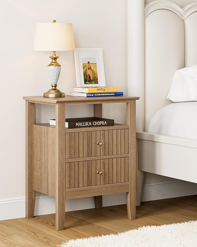 Fluted Nightstand, Farmhouse Night Stand with 2 Drawers, Mid Century Modern Side Accent Table,Bedside End Table for Bedroom, Living Room, Natural