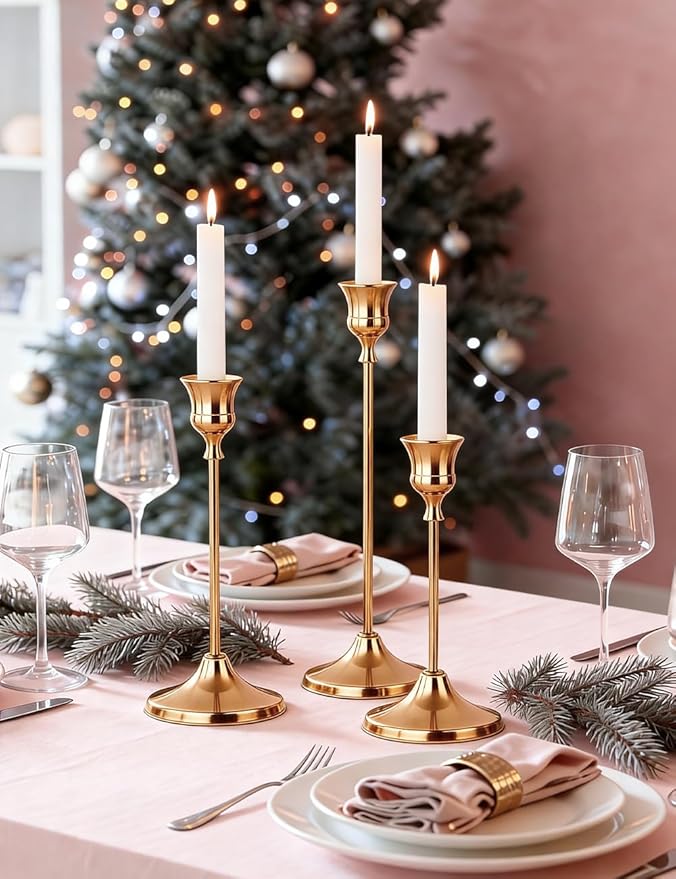 Set of 3 French Gold Tapered Candle Holder,Candlestick Tall Metal Candlestick Holders for Table Centerpiece Home Decor for Wedding Fireplace Mantel Housewarming Gift Fits 3/4 Inch Thick Candles