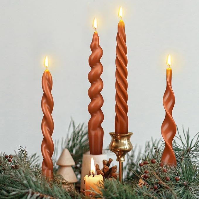 Nuanchu 4 Pcs 7.87 Inch Twisted Taper Candles Wax Unscented Smokeless Spiral Swirl Candlesticks for Wedding Holiday Dinner Party Home Decorations(Brown)