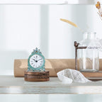 NIKKY HOME Vintage Pewter Quartz Mini Table Clock with Crystal Shining Rhinestone, 2.87 x 1.37 x 3.87 Inches, Aqua