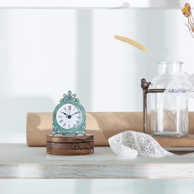 NIKKY HOME Vintage Pewter Quartz Mini Table Clock with Crystal Shining Rhinestone, 2.87 x 1.37 x 3.87 Inches, Aqua