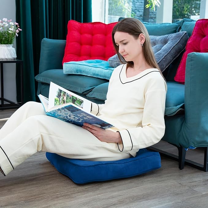 Floor Pillow Set of 2, Memory Foam Meditation Cushion, Floor Cushions for Adults Sitting, Large Square Seat Cushions for Yoga, Couch, Sofa, Kids, Living Room, 22x22 Inch (Navy Blue)