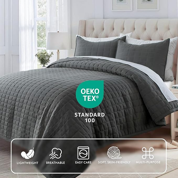 KASENTEX King XL Quilt Set 108"x98" – Soft Washed 3-Layer Lightweight Bedspread, Minimalist Nordic Design, All-Season Spring & Summer Quilt Set (1 Quilt + 2 Pillow Shams), Dark Grey
