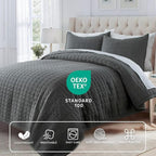 KASENTEX Oversized Queen Quilt Set 102"x106" – Soft Washed 3-Layer Lightweight Bedspread, Minimalist Nordic Design, All-Season Spring & Summer Quilt Set (1 Quilt + 2 Pillow Shams), Dark Grey