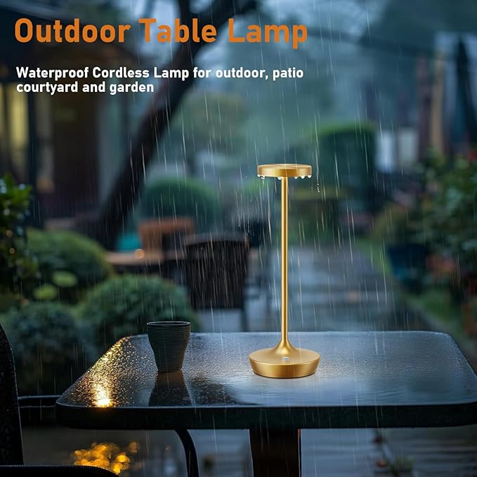 LED Cordless Table Lamp Rechargeable，Outdoor Battery Operated Desk Lamp Touch 3 Color Dimming Portable Waterproof Night Light for Patio/Restaurant/Dining/Home (Gold)