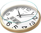 Wall Clock, 11 Inch Non-Ticking Silent Battery Operated Quartz Analog with LCD Display for Perpetual Calendar and F° Temperature, Ideal Modern Home, Bedroom, Kitchen, Office Décor (Gold)