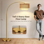 Gold Floor Lamps for Living Room, Arc Floor Lamp with Remote & Dimmable Bulb, Boho Standing lamp with 3 Color Temperatures, Adjustable Rattan & Fabric Shades Tall Lamp, Over Couch Reading Lamp