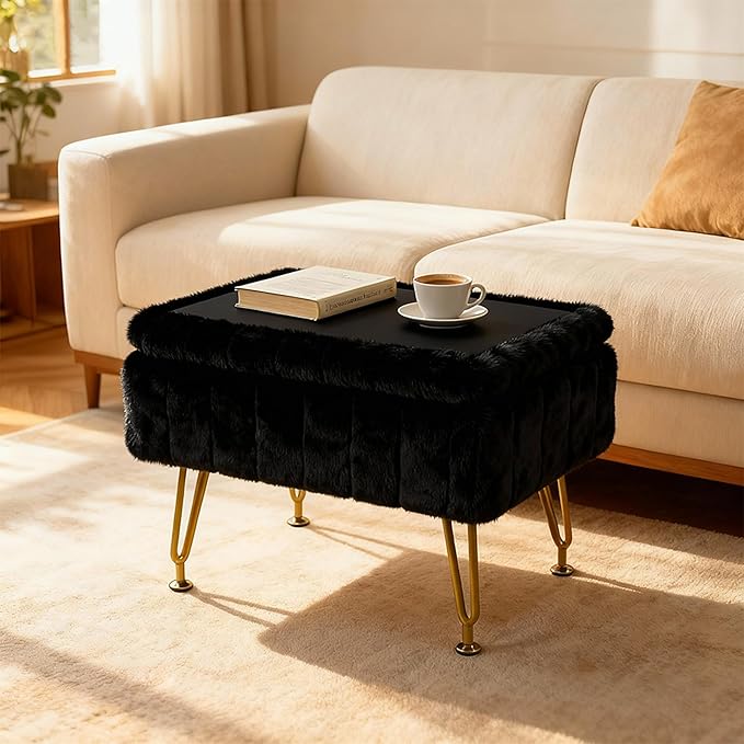ACEQLYT® Small Foot Stool Ottoman with Storage, Foot Rest for Couch and Chair, Black Faux Fur Storage Ottoman with Gold Metal Legs and Padded Seat