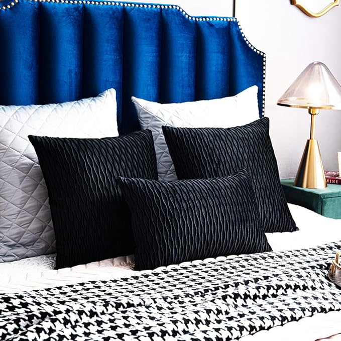 Black Striped Decorative Pillow Covers: 2 Pack 12x20 Inch Original Velvet Rectangular Throw Pillow Cases for Farmhouse Couch