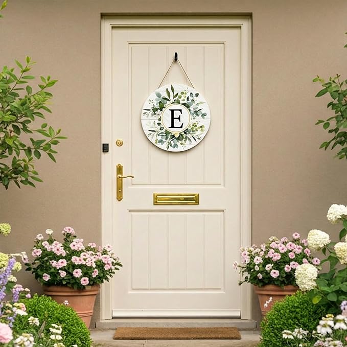Smile Monogram Letter E Wreaths Wooden Welcome Sign, Family Last Name Initial Front Door Wall Decoration, Floral Spring Summer Porch Rustic Home Kitchen Decor