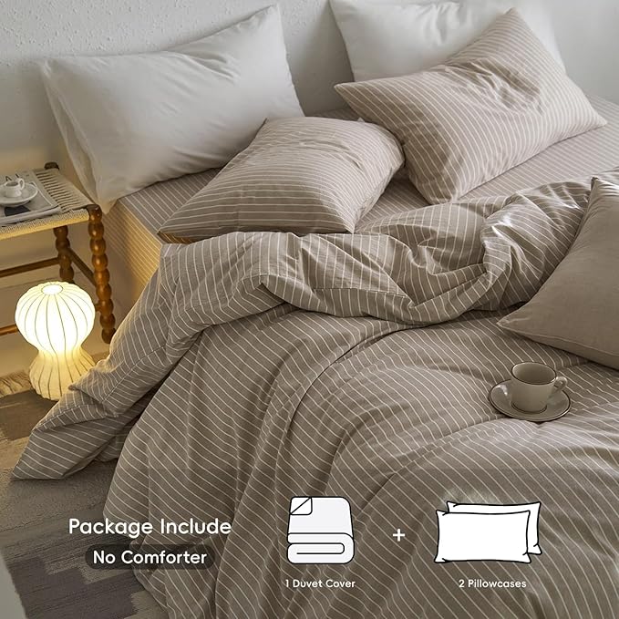 MooMee Striped Duvet Cover Set 100% Washed Cotton Linen Like Textured Breathable Durable Soft Comfy (Tannish Linen Grey White Wide Stripes, Full 80"x90")