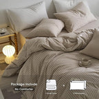 MooMee Striped Duvet Cover Set 100% Washed Cotton Linen Like Textured Breathable Durable Soft Comfy (Tannish Linen Grey White Wide Stripes, Super King Plus 120"x120")