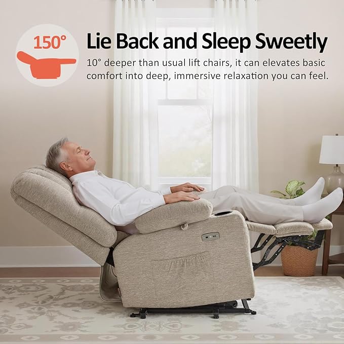 MCombo Large Power Lift Recliner Chair for Elderly, Lift Chair with Heat and Massage, 3 Positions, USB Charge Ports, Cup Holders, Fabric 7099 (Large, Beige)