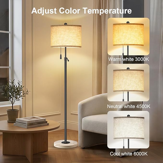 Floor Lamp for Living Room - Adjustable Height Standing Lamp with Marble Base & Linen Shade - Tall Pole Floor Light with 3 Color Temperatures Bulb for Bedroom, Reading - Easy Assembly