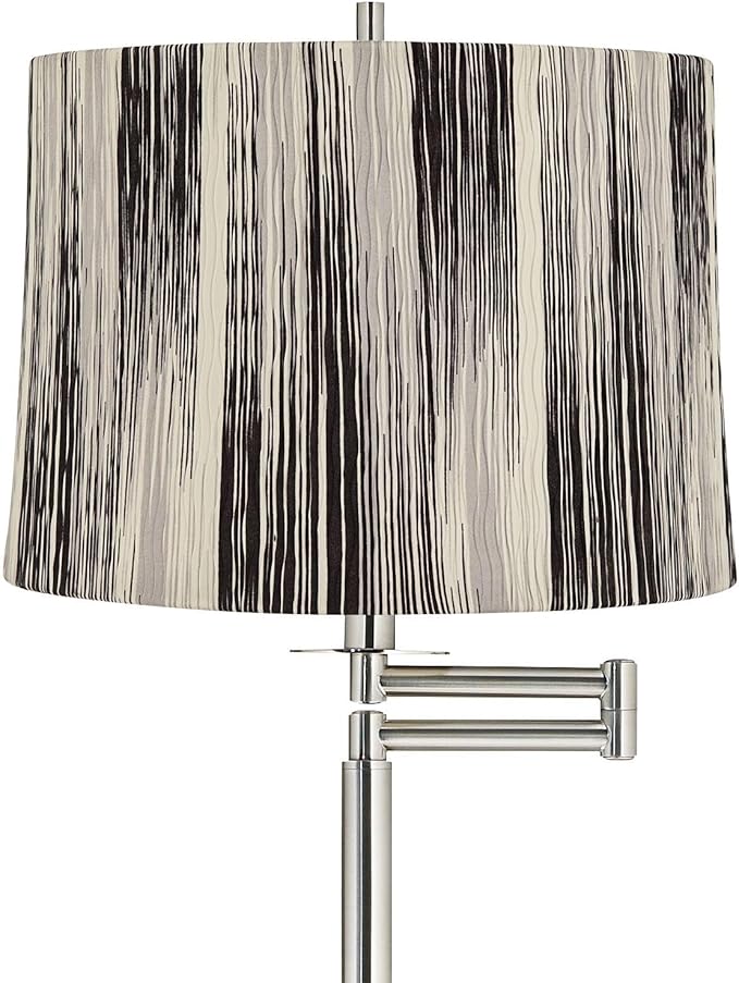 360 Lighting Druckman Modern 60 1/2" Tall Standing Floor Lamp Skinny Adjustable Swing Arm Pole Silver Metal Brushed Nickel Finish Living Room Bedroom House Reading Office Black Stripe Drum Shade