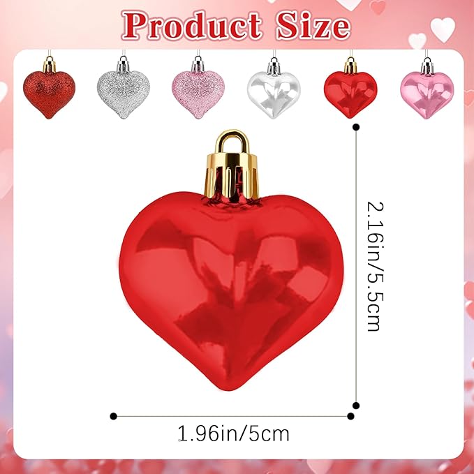 Valentines Day Heart Ornaments, 30Pcs Hanging Heart Ornaments, Glitter Multi-color Heart-shaped Baubles for Outdoor Wedding Anniversary Mother's Day Romantic Galentines Valentines Day Party Decoration